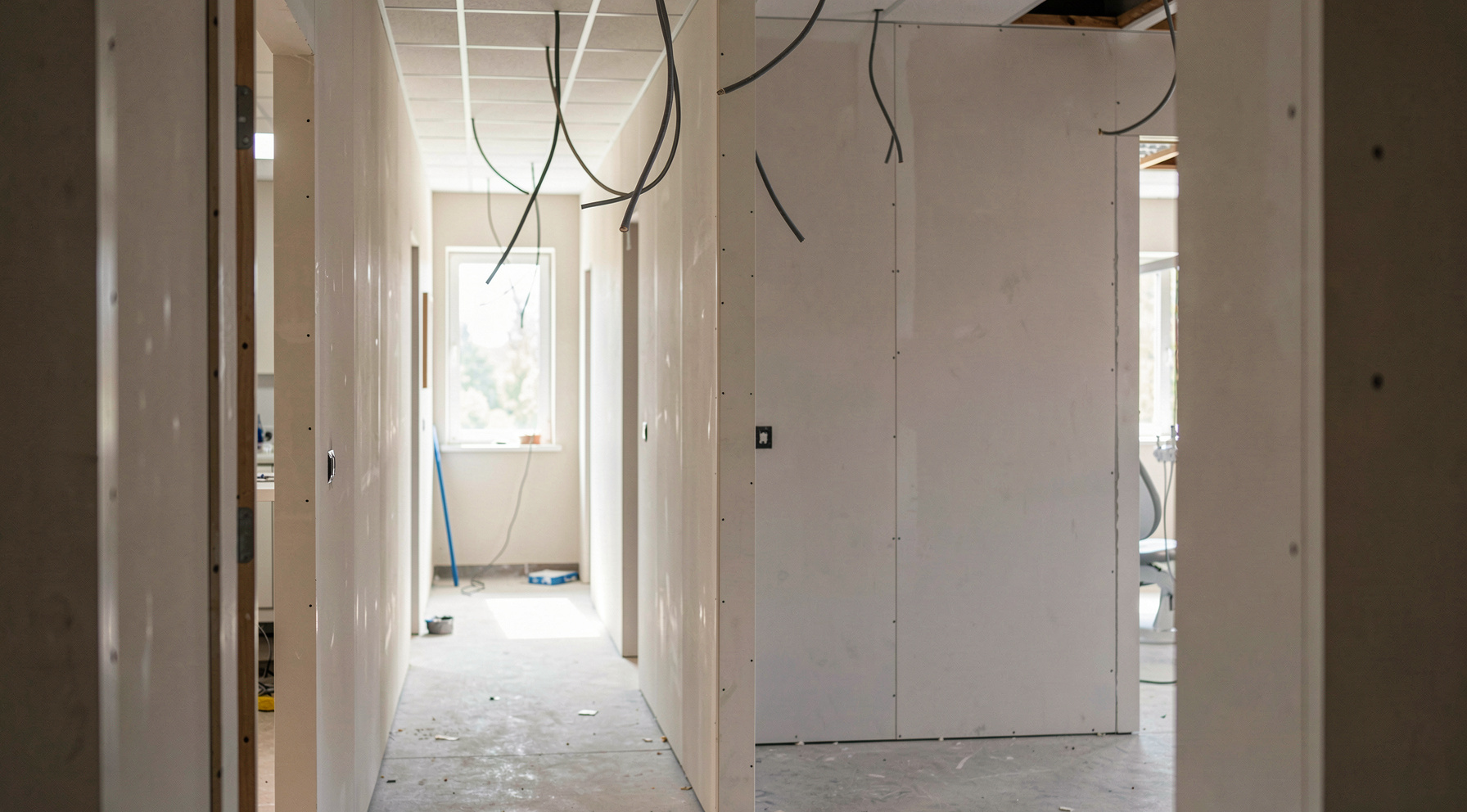 Interior de una clínica dental en obras visto desde el pasillo, con tabiques recién levantados, cables colgando del techo y luz natural entrando por una ventana lateral, encuadre frontal desde la puerta
