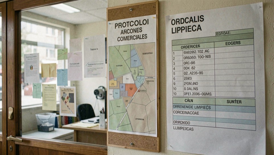 Protocolo por zonas para oficinas y locales comerciales: representative view of mapa de superficies with orden de limpieza nearby