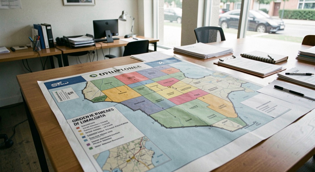 Protocolo por zonas para oficinas y locales comerciales: vista profesional centrada en mapa de superficies, contexto de orden de limpieza y verificación mediante control cruzado