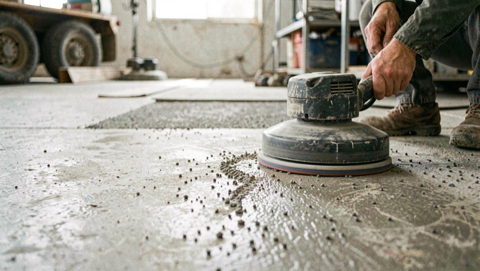 Verificar un contratista antes de la obra: Mesa de obra con un alvará impreso, un presupuesto por partidas y una carpeta de documentos, junto a un casco y un metro plegado, luz natural de mañana entra